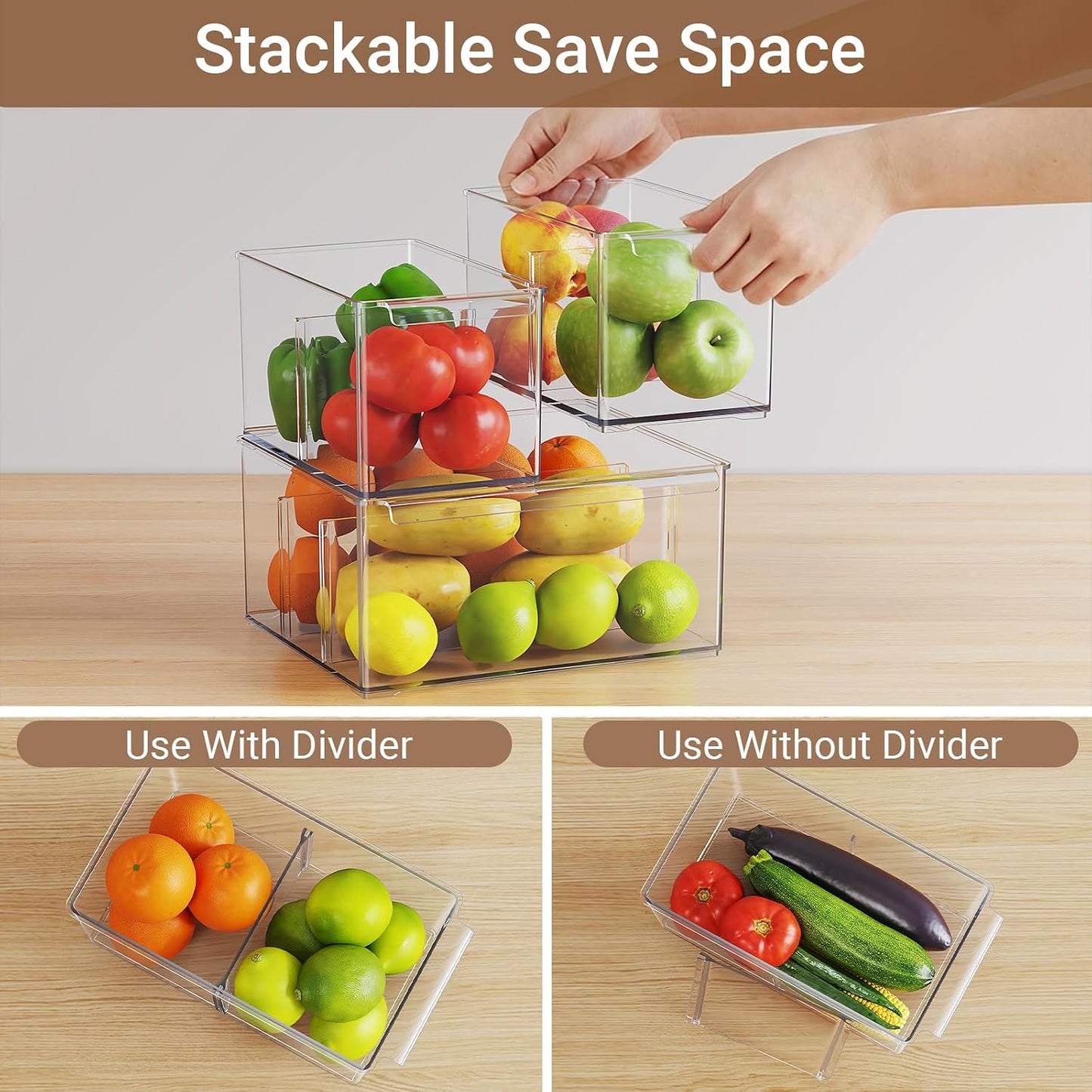 Clear Plastic Storage Bins with Dividers for Fridge Pantry Organizers and Storage Containers, 3 Pack Acrylic Stackable Sturdy Storage Boxes for Home Edit and Cabinet Organizers C6-1