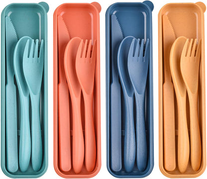 2 Sets Reusable Utensil Set with Case, Portable Plastic Spoons Fork Knife Camping Utensils for Lunch Box Accessories for Kids Adults Travel Picnic Camping Daily Use(Blue, Black)