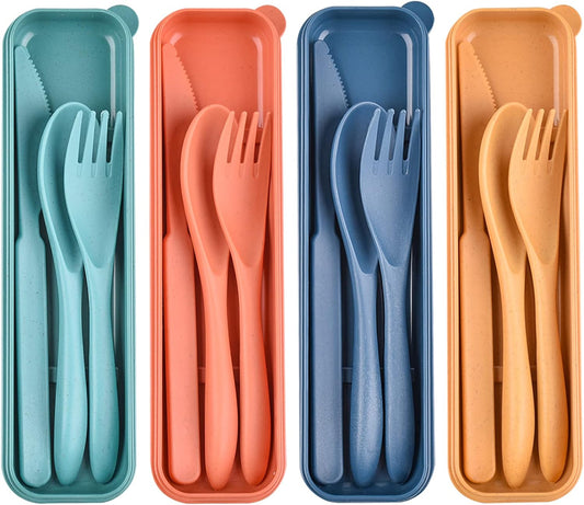 2 Sets Reusable Utensil Set with Case, Portable Plastic Spoons Fork Knife Camping Utensils for Lunch Box Accessories for Kids Adults Travel Picnic Camping Daily Use(Blue, Black)