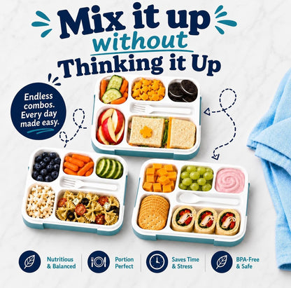 kinsho Lunch Box for Kids Boys Girls - Bento Box Set with Insulated Bag and Ice Pack, 6 Compartment Leak Proof Food Container, BPA-Free, Microwave Safe, Ideal for School & Work, Teal
