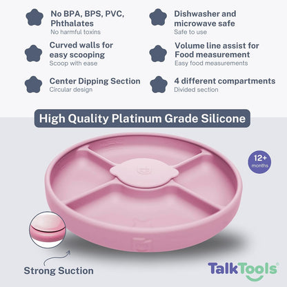 TalkTools Bitsy Silicone Baby Suction Plate with Locking Lid – Divided Plate for Toddlers Learning to Self-Feed – Non-Slip, BPA-Free, Microwave + Dishwasher Safe Baby Mealtime Plate(Pink).
