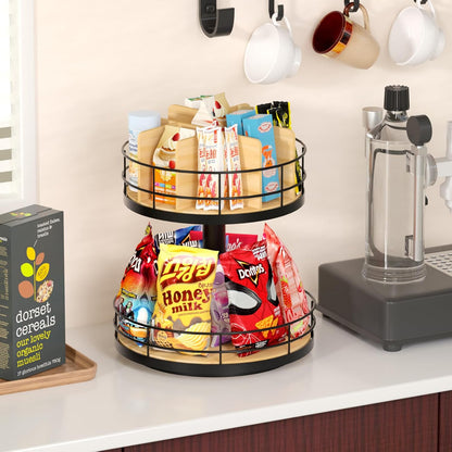Snack Organizer - Versatile Snack Storage 2 Tier Lazy Susan with Convenient Grab-and-Go Design, Metal Snack Holder for Home, Office, Breakroom, 11.85" L x 11.85" W x 13.3" H (Matte Black)