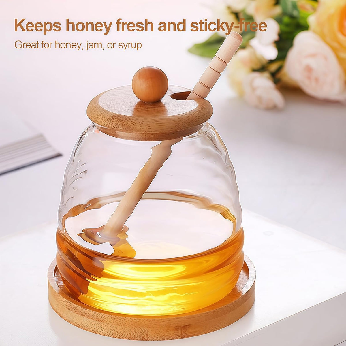 Empty Glass Honey Dispenser with Bamboo Lid & Dipper 16.7oz (500ml) Honey Pot Jam Jar Syrup Container for Kitchen Coffee Tea Home Café
