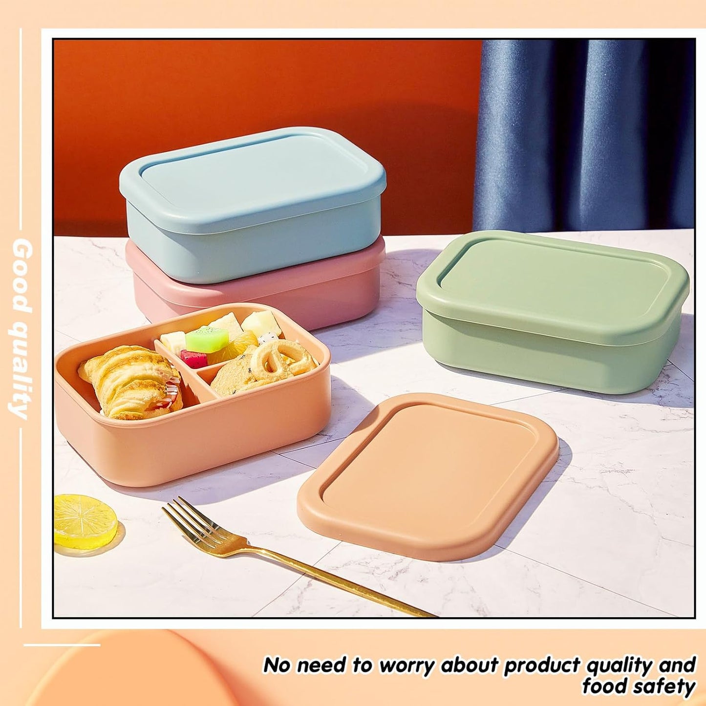 Layhit 4 Pcs Silicone Bento Box for Adults, 27 oz Bento Lunch Container Reusable 3 Compartment Lunchable Food Container for Women Men, Leak Proof Microwave Dishwasher Freezer Safe (Cool Colors)