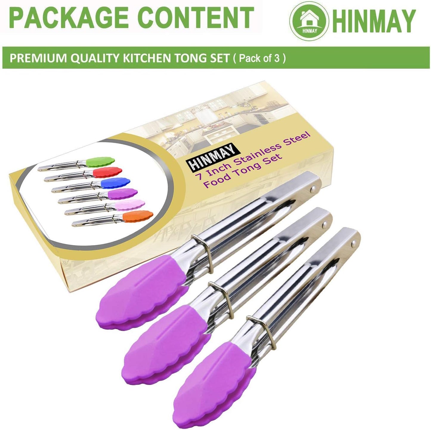 HINMAY Mini Stainless Steel Food Tongs with Silding Rings 7-Inch, Set of 6 | Small Clam Shell Service Tongs for Serving Appetizers, Desserts, Salads, Barbecue and Cooking (Silver)