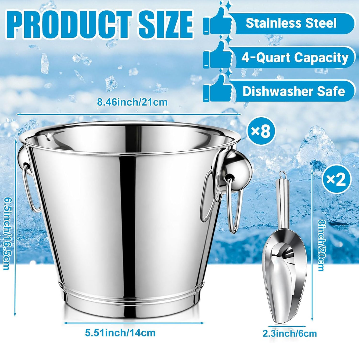 meekoo 4 Pcs 4 Quart Champagne Bucket Wine Bucket Metal Ice Container with 1 Pcs 6 oz Ice Scoop and Handles Stainless Steel Drink Cooler Cocktails Wine Chiller Beer Tub for Bar Party BBQ Banquet