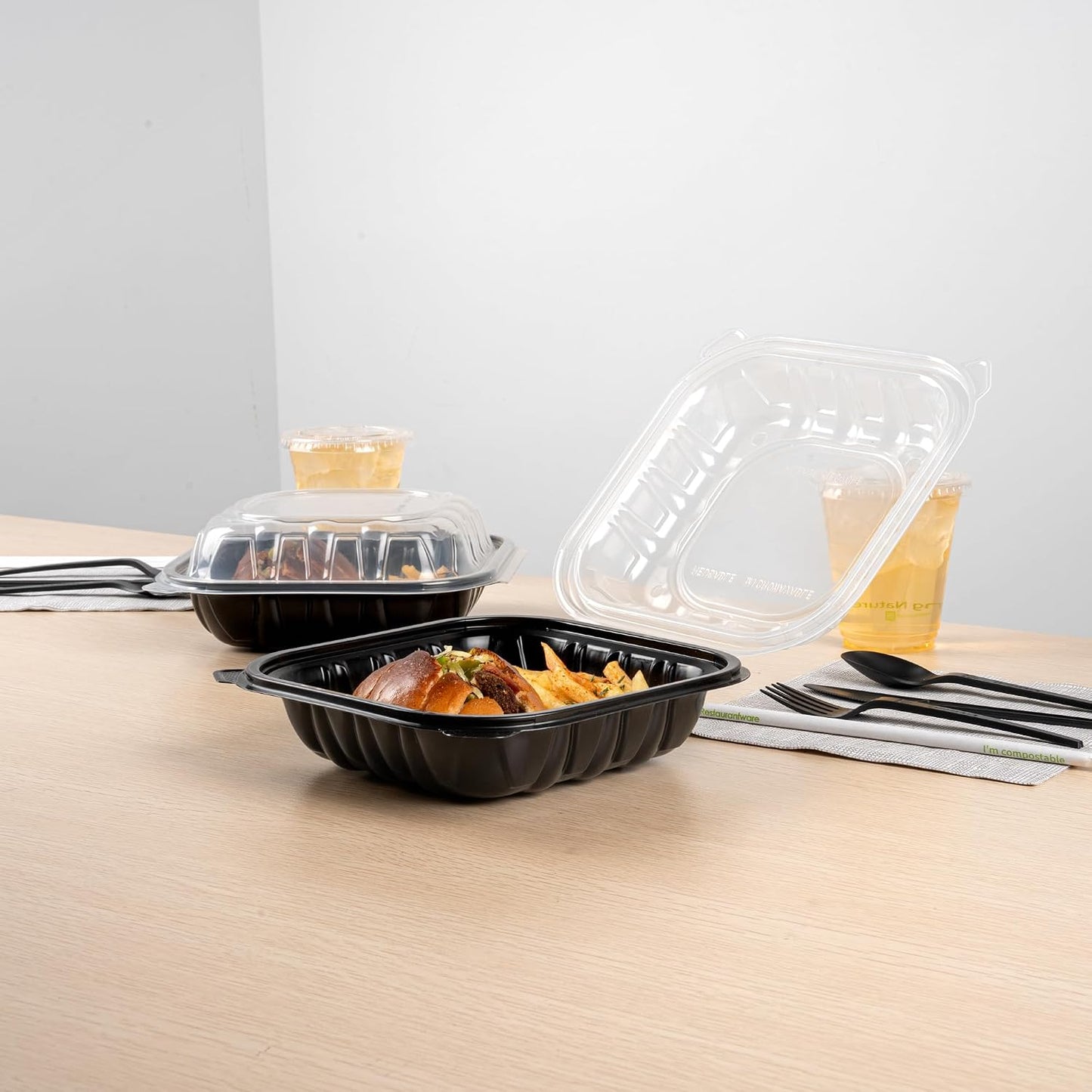 Thermo Tek 40 Ounce Clamshell Containers, 50 Disposable Take Out Boxes - 3 Compartments, Ventilated Lids, Black Plastic Meal Prep Containers, Microwavable, For Pasta Or Salads - Restaurantware