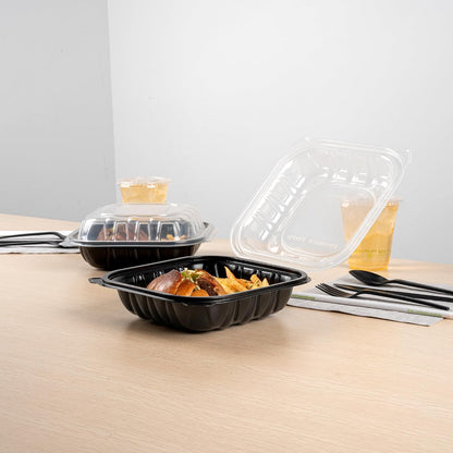 Thermo Tek 40 Ounce Clamshell Containers, 50 Disposable Take Out Boxes - 3 Compartments, Ventilated Lids, Black Plastic Meal Prep Containers, Microwavable, For Pasta Or Salads - Restaurantware