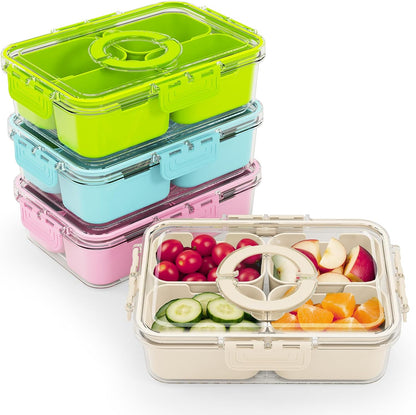 Snackle Box Container,2 Pack Divided Clear Snack Box Serving Tray with Lid and Handle,Charcuterie Board with Lid, Snack Organizer for Beach Picnic, Refrigerator Fresh, Party, Holidays and Travel