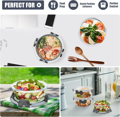 6Pack 22oz Glass Meal Prep Containers, Glass Food Storage Containers Sets with Snap Leak Proof Lids for Microwave, Oven, Freezer and Dishwasher Safe (Grey, 22oz)