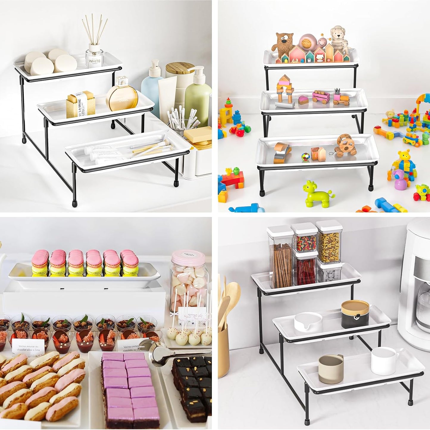 3 Tier Servings Tray for Party, 12"x6" Tiered Serving Platters with Steel Display Stand for Sevring Food,Cookies,Veggie, Dessert,Fruit, Black
