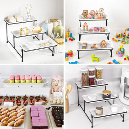 3 Tier Servings Tray for Party, 12"x6" Tiered Serving Platters with Steel Display Stand for Sevring Food,Cookies,Veggie, Dessert,Fruit, Black