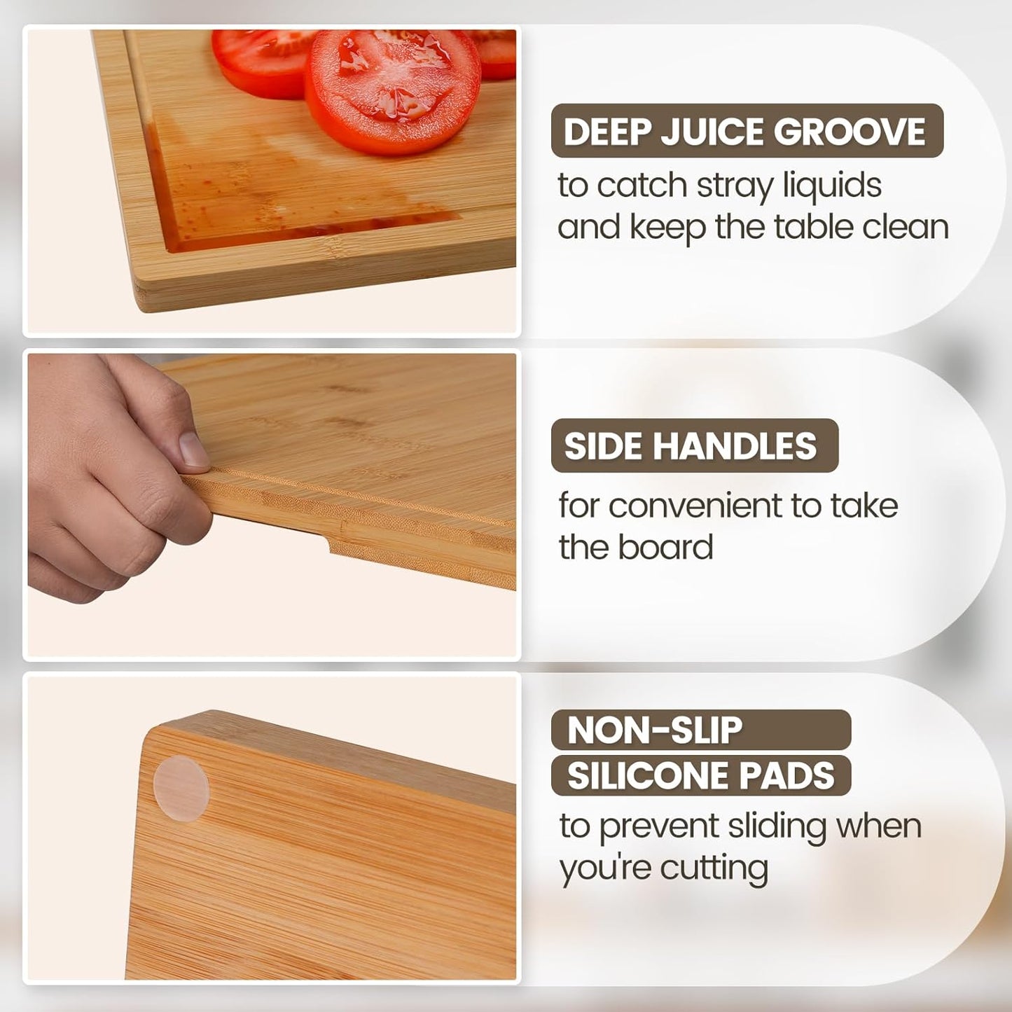 Kikcoin Bamboo Cutting Boards for Kitchen Set of 3, Extra Large Wood Cutting Board with Rotating Kickstand & Juice Groove, Wooden Chopping Board for Meats Veges Fruits, Heavy Duty Serving Tray