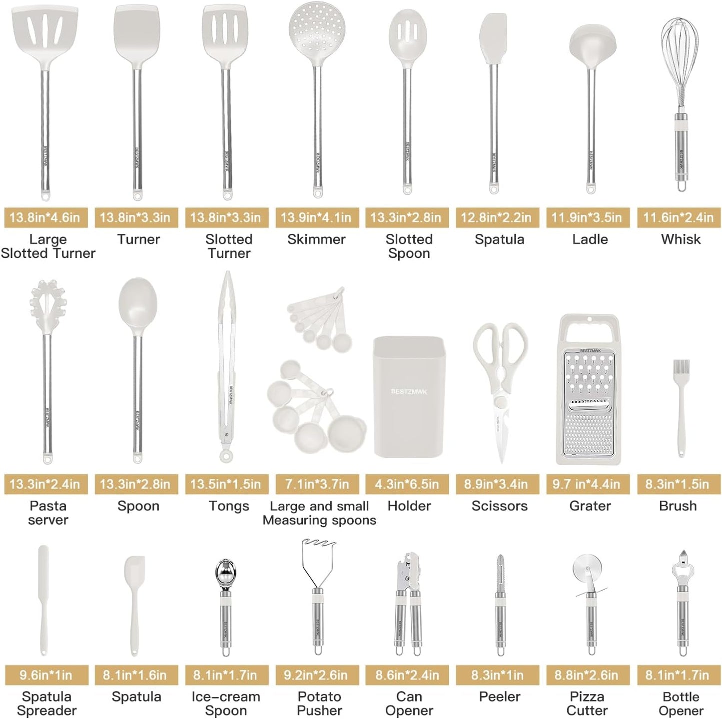 Kitchen Utensil Set-Silicone Cooking Utensils-33 Kitchen Gadgets & Spoons for Nonstick Cookware-Silicone and Stainless Steel Spatula Set-Best Kitchen Tools, Useful Pots (Khaki)