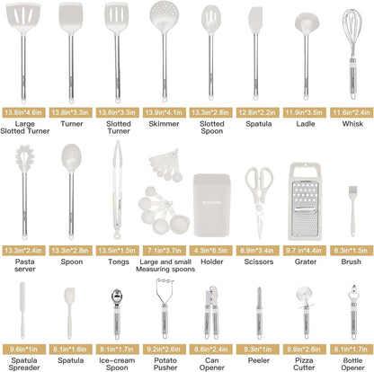 Kitchen Utensil Set-Silicone Cooking Utensils-33 Kitchen Gadgets & Spoons for Nonstick Cookware-Silicone and Stainless Steel Spatula Set-Best Kitchen Tools, Useful Pots (Khaki)