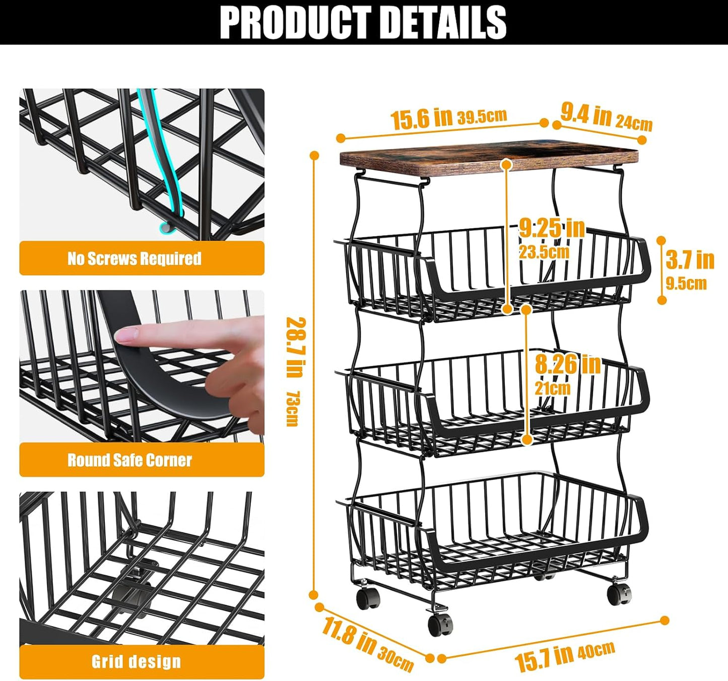 Gsiekare Fruit Vegetable Basket for Kitchen, 5 Tier Stackable Fruit Vegetable Storage Baskets with Wheels, Metal Wire Storage Basket Organizer Baskets for Kitchen, Pantry, Bathroom