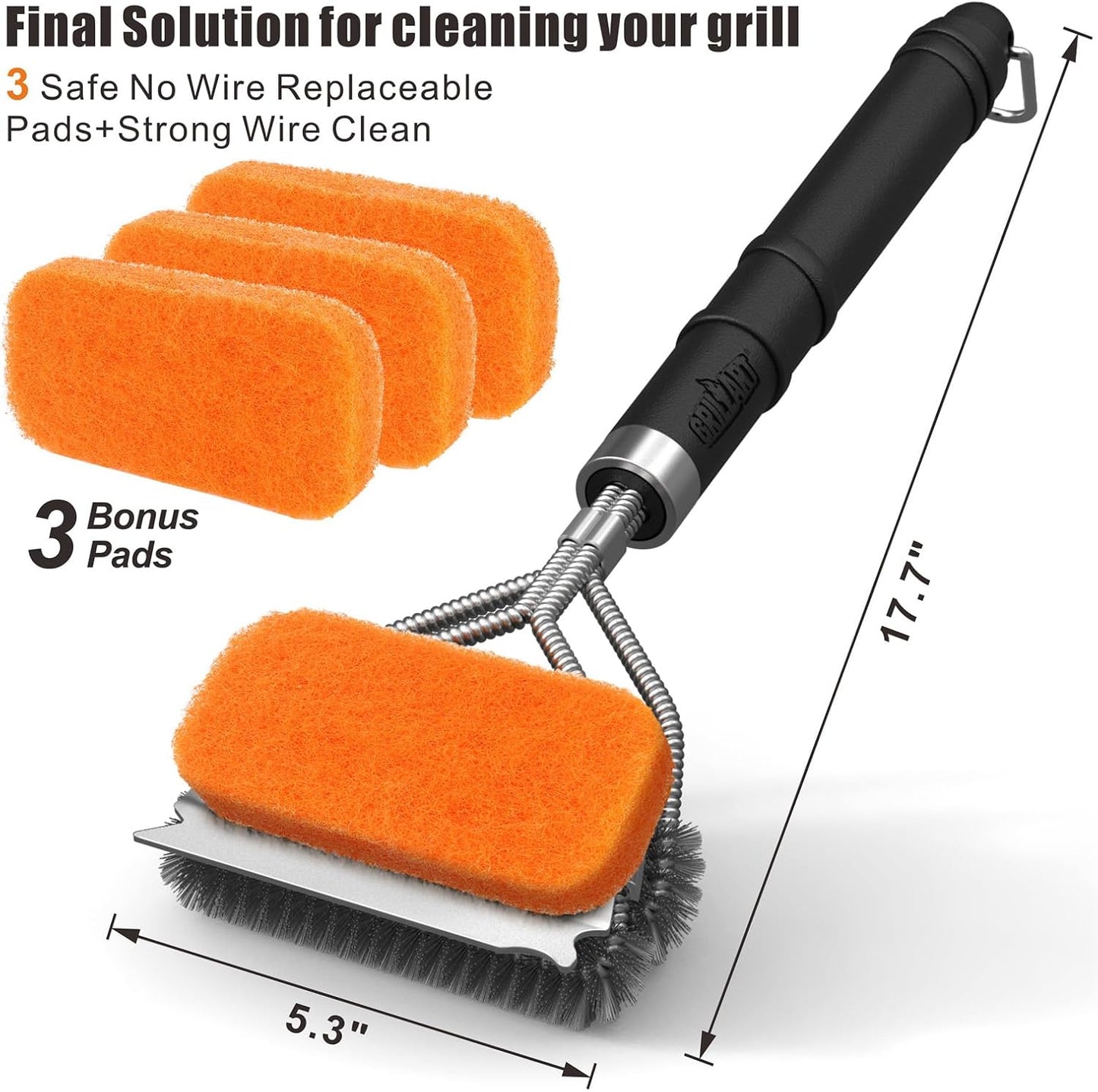 GRILLART Grill Brush [Bristle Free Pad & Wire] Combined BBQ Brush, Safe & Powerful Grill Cleaning Brush - 18" Grill Cleaner Brush Scrubber for Gas/Porcelain/Charbroil Grates – Gifts for Men/Dad