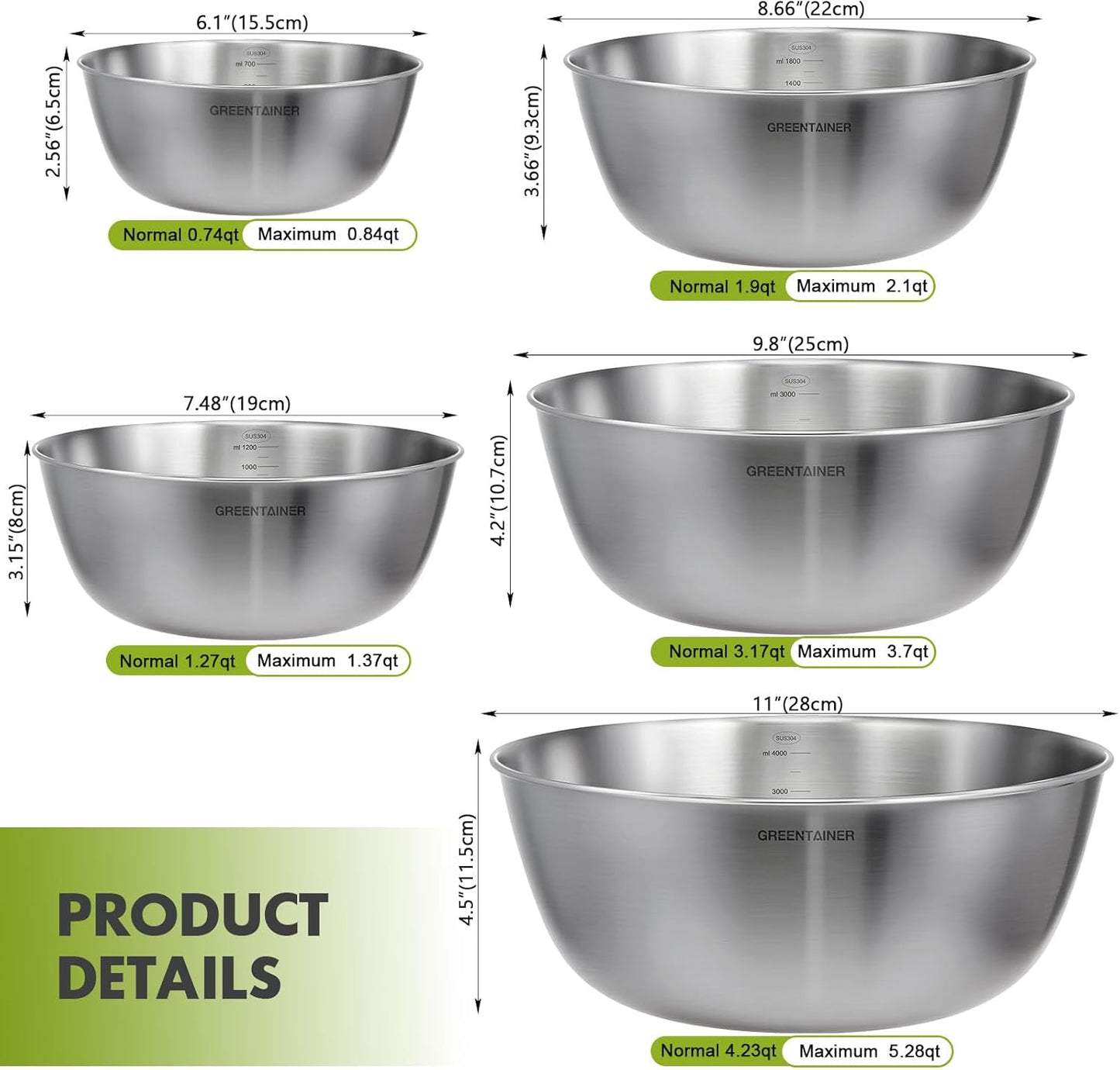 Greentainer 5-Piece Stainless Steel Mixing Bowls Set for Kitchen, Nesting Bowls with Measurement Markings for Baking, Prepping, Cooking and Serving Food, Metal Mixing Bowls Dishwasher Safe