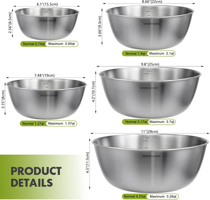 Greentainer 5-Piece Stainless Steel Mixing Bowls Set for Kitchen, Nesting Bowls with Measurement Markings for Baking, Prepping, Cooking and Serving Food, Metal Mixing Bowls Dishwasher Safe