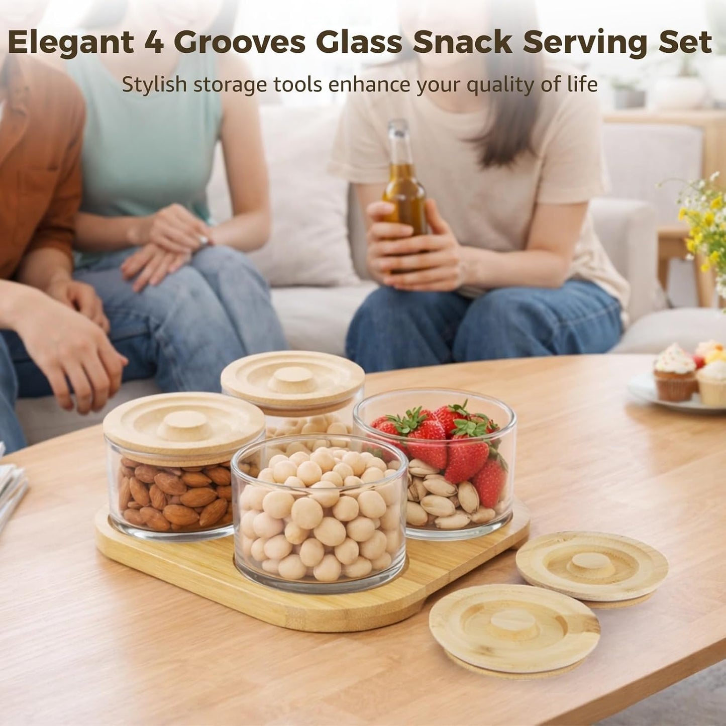 Glass Snack Serving Set with Wooden Lids and Tray, 9.1 x 9.1 in Chip and Dip Serving Platter, Small Airtight Glass Divided Dishes for Candies, Nuts, Dried Fruits, Snack, Condiments