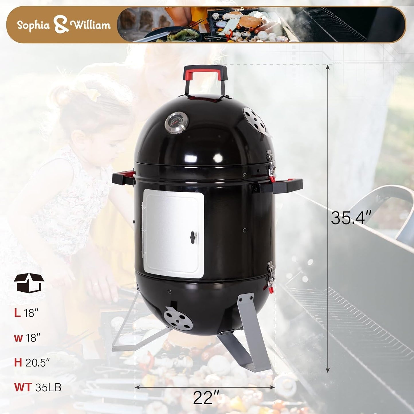 Sophia & William 18-Inch Vertical Charcoal Smokers BBQ Grills with Porcelain-Enameled Smoking Chamber & 2-Layer Smoking Shelves, Outdoor Smokers & Tabletop Grill Combo for Barbecue Camping(Black)