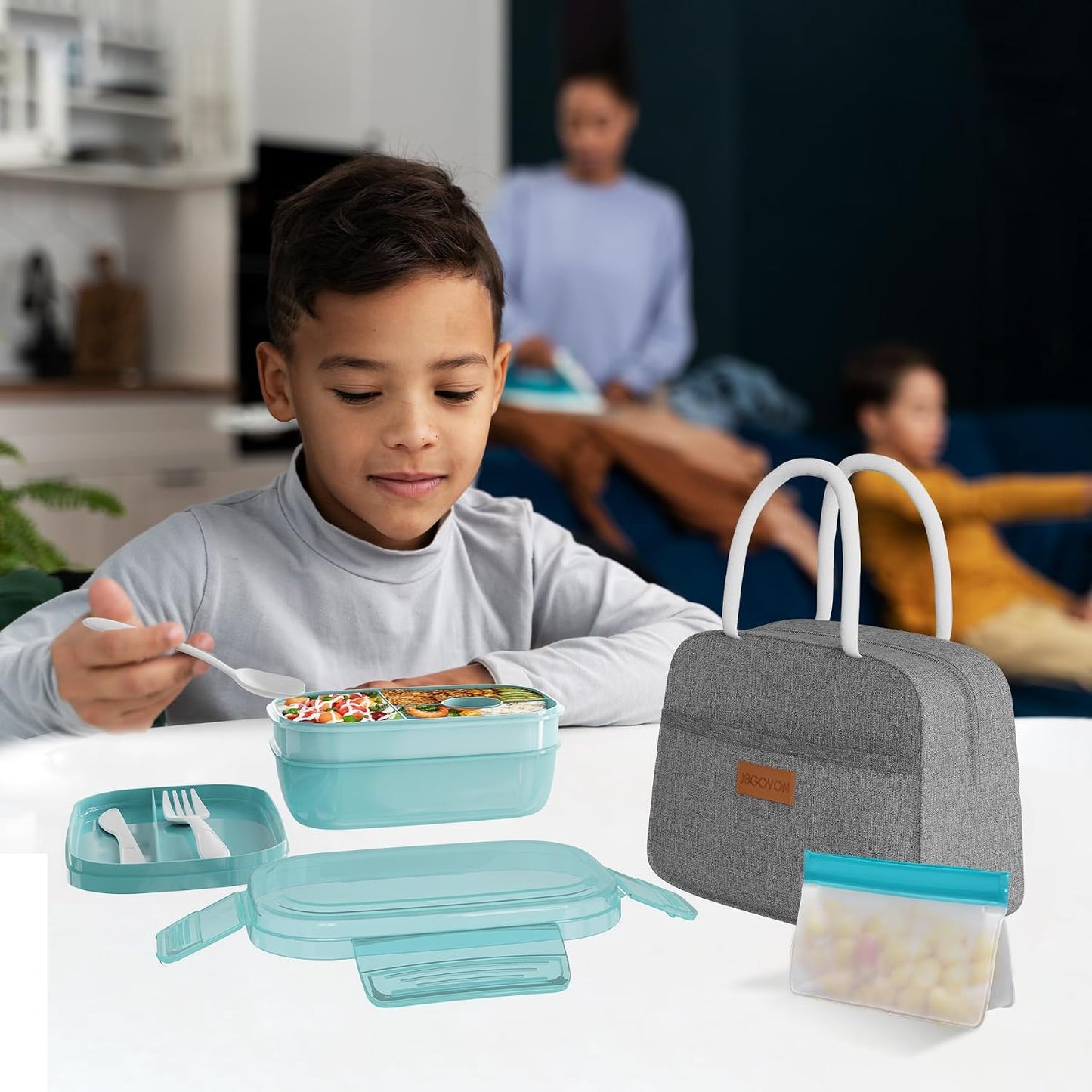 JBGOYON® Bento Lunch Box with Bag - All-in-One Stackable Lunch Containers with 3 Layers for Adults & Kids, 1900 ML Modern Bento-Style Design, Built-in Utensil Set, Lunch Bag (Purple)