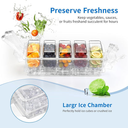 Ice Chilled Condiment Caddy Organizer with Detachable Ice Box & Side Bins, 5 Removable 2.5 Cup Containers with Lids, Clear Garnish Tray Server for Taco Bar, Mimosa, Fruit, Salad, Buffet (BPA-Free)