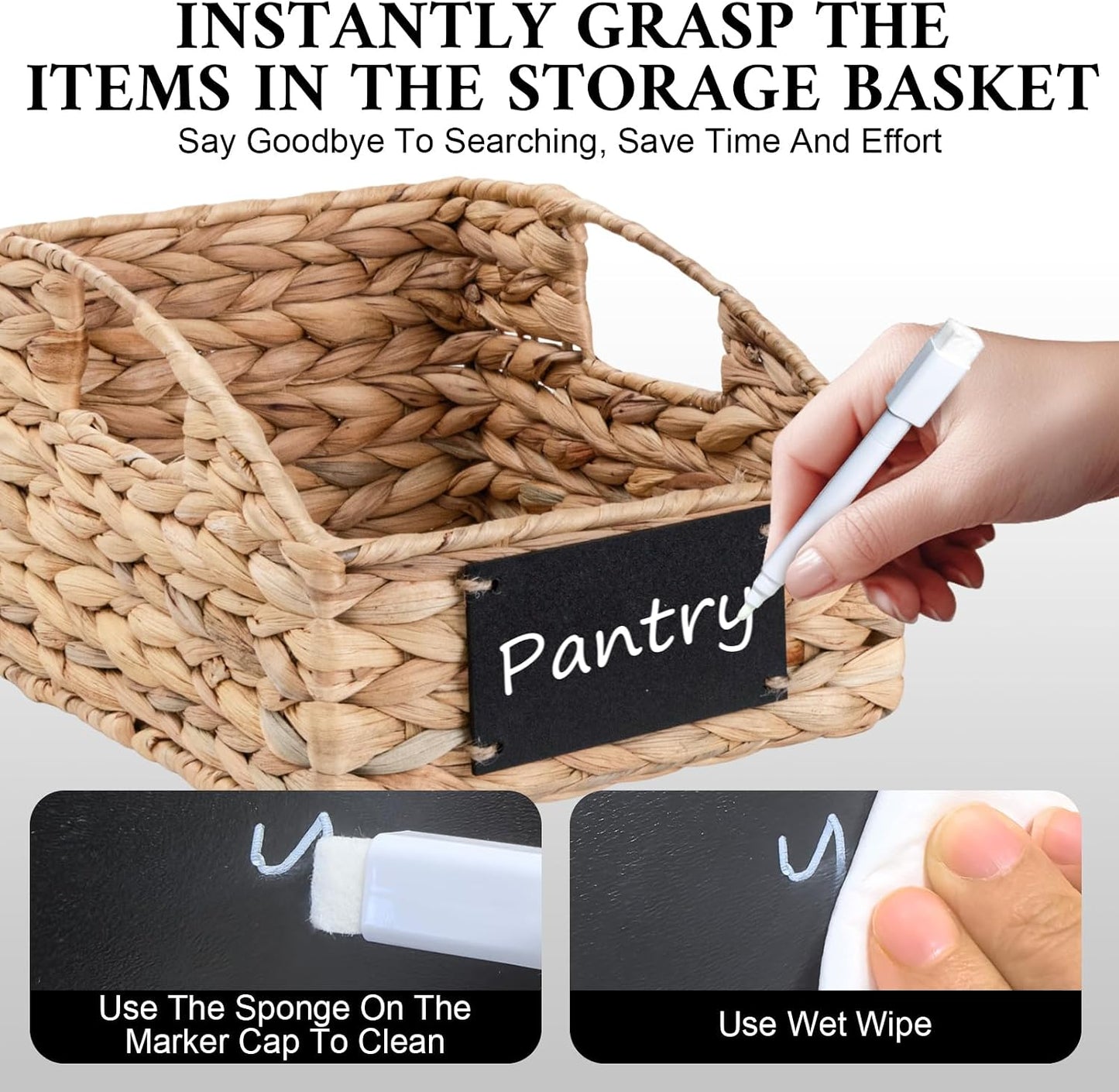 Set of 4 Sizes Hand-Woven Pantry Shelf Baskets, Hyacinth Storage Baskets with Chalkboard Labels & 2 Chalk Markers, Wicker Nestable Basket Set for Organizing Pantry Kitchen Laundry Shelves (Brown)