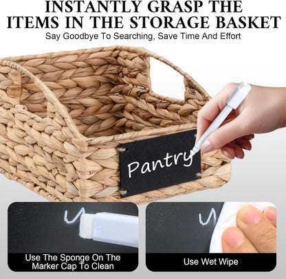 Set of 4 Sizes Hand-Woven Pantry Shelf Baskets, Hyacinth Storage Baskets with Chalkboard Labels & 2 Chalk Markers, Wicker Nestable Basket Set for Organizing Pantry Kitchen Laundry Shelves (Brown)