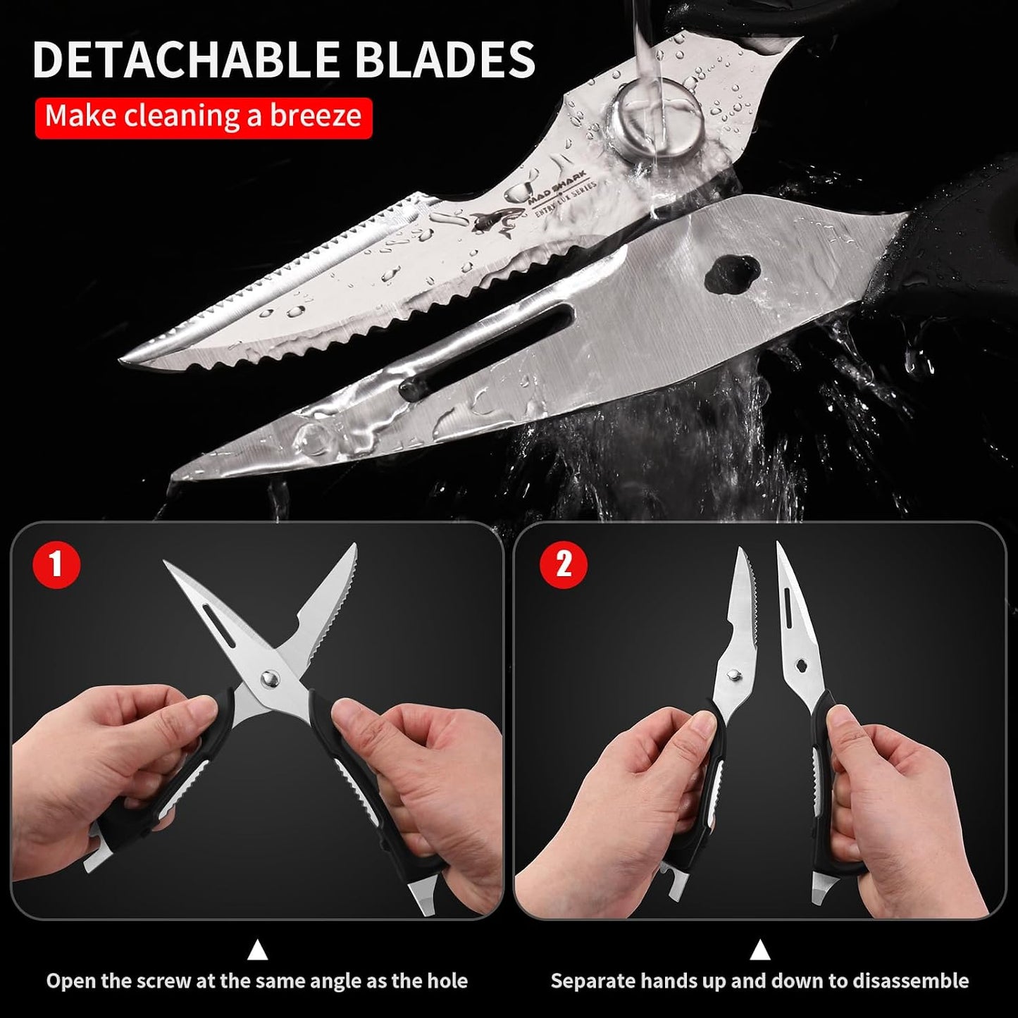 MAD SHARK Kitchen Scissors All Purpose Kitchen Shears Come Apart,Stainless Steel Utility Scissors with Comfort Grip,Heavy Duty Poultry Shears for Food,Chicken,Meat,Fish,Dishwash Safe(BLACK)