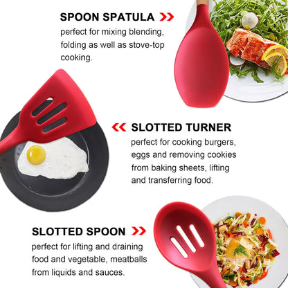 Kitchen Cooking Utensils Set, 6Pcs Silicone Kitchen Utensils Set Spatula Spoon Soup Ladle Turner, Heat Resistant Wooden Handle Silicone Cooking Gadgets for Nonstick Cookware & Baking BPA FREE