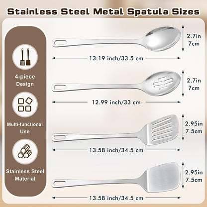 4 Pcs Cooking Utensils Set, Stainless Steel Kitchen Utensils, Heat Resistant Metal Kitchen Tools Include Solid & Slotted Turner Wok Spatula, Serving Spoon, Ergonomic Handle, Easy to Clean, Silver
