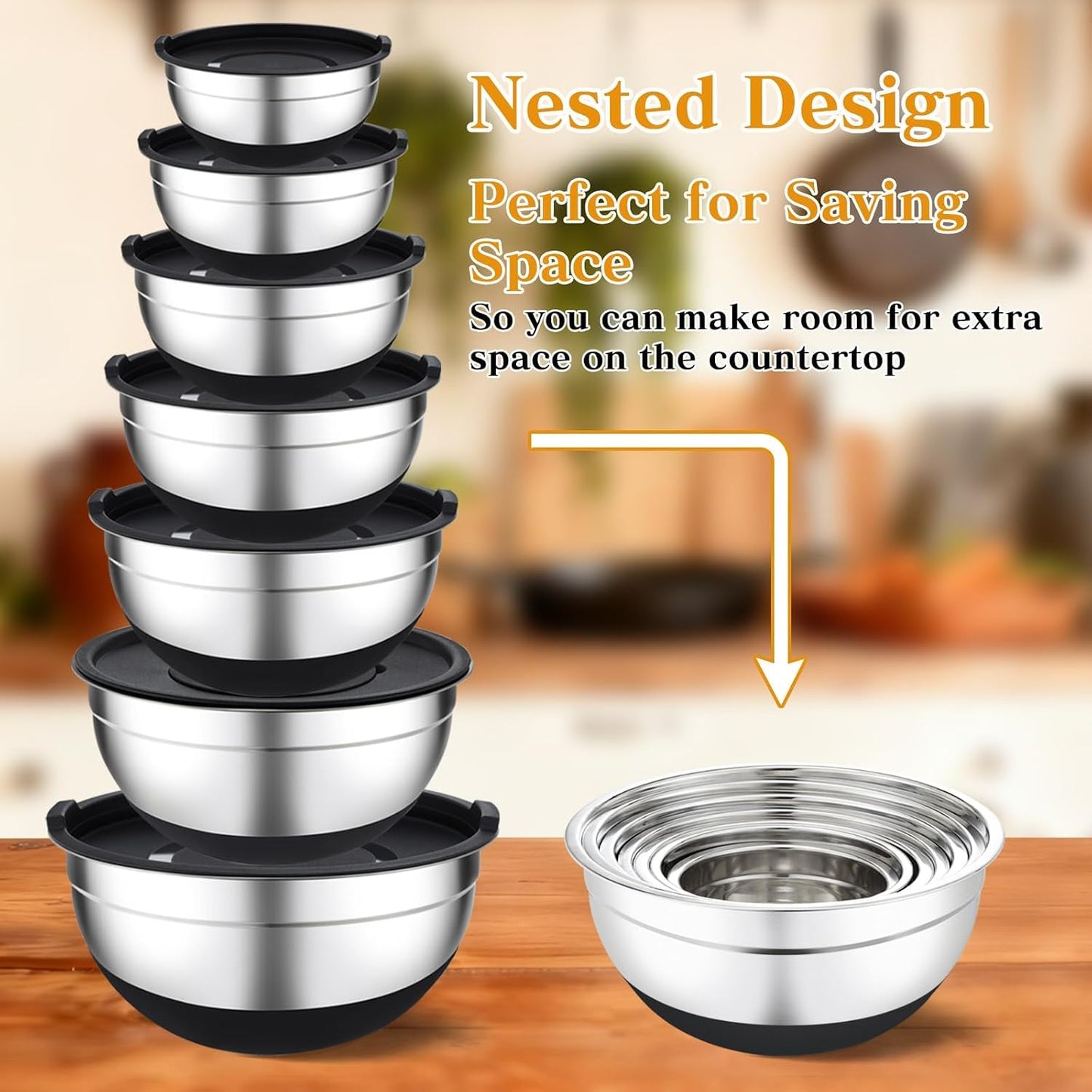 Unokit Mixing Bowls with Lids Set - 7 Pcs Stainless Steel Mixing Bowls Non-Slip Silicone Base Mixing Bowl Set for Kitchen with 3 Grater Attachments