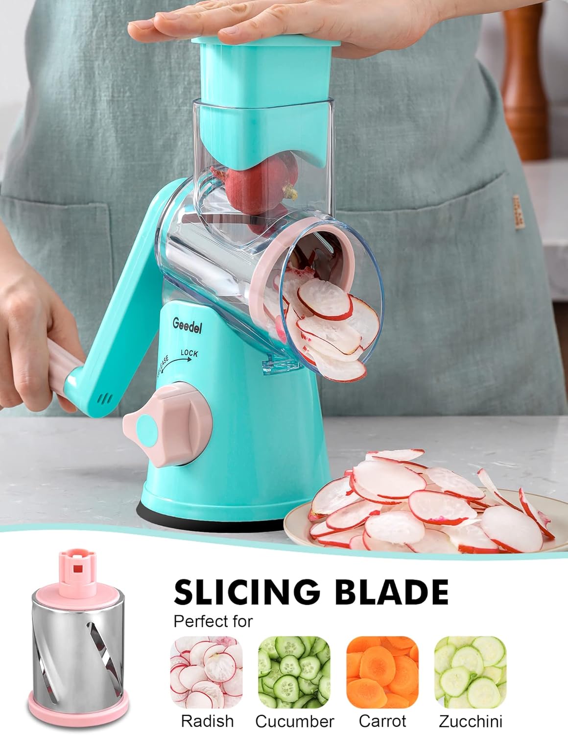 Geedel Rotary Cheese Grater, Kitchen Mandoline Vegetable Slicer with 3 Interchangeable Blades, Easy to Clean Rotary Grater Slicer for Cheese, Vegetables, Nuts