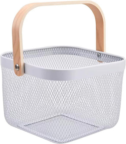 AJIODA Metal Mesh Wire Basket, Large Steel Basket with Wooden Handle Storage Organizer Basket Multi-functional Hanging Kitchen Baskets Fruit Baskets for Kitchen Bathroom Cabinet Pantry Snacks, Black