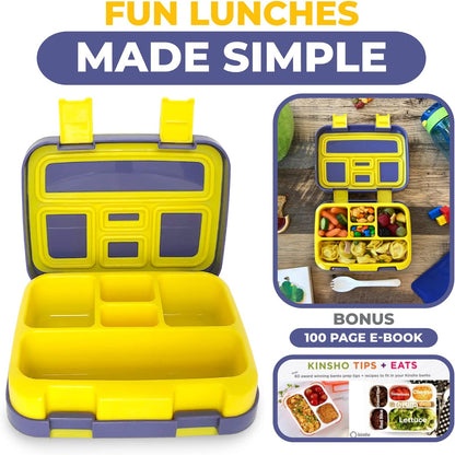 Kinsho Bento Lunch Box for Kids Toddlers, 5 Portion Control Sections, BPA Free Removable Plastic Tray, Pre-School Kid Toddler Daycare Lunches, Snack Container Ages 3 to 7 (Blue Space Rockets)