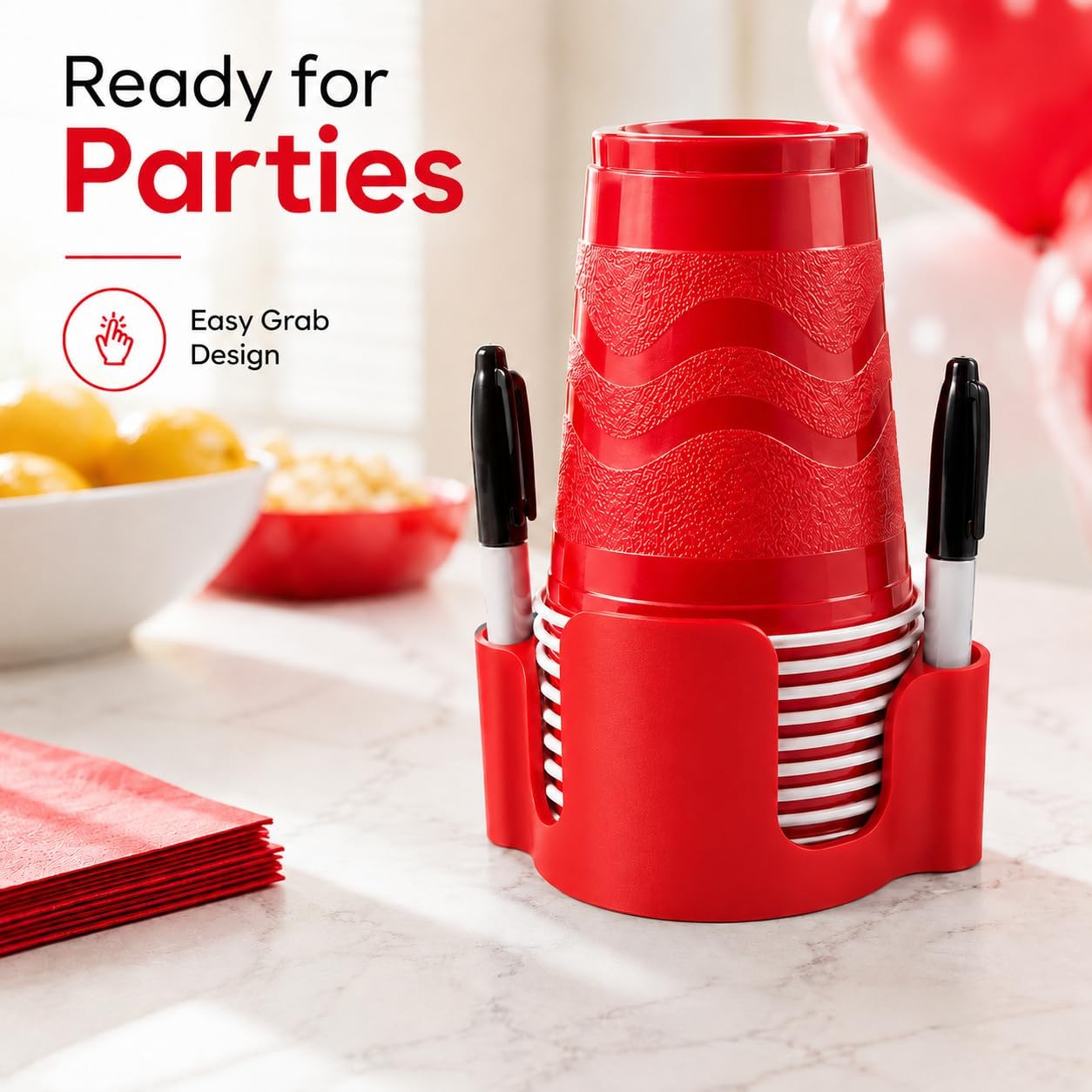 Party Cup Dispenser with Marker Holder – Stackable Plastic Cup Organizer for Parties, Events, BBQs, Picnics, Graduations & Drink Stations, Cup and Marker Caddy, Black (Red)
