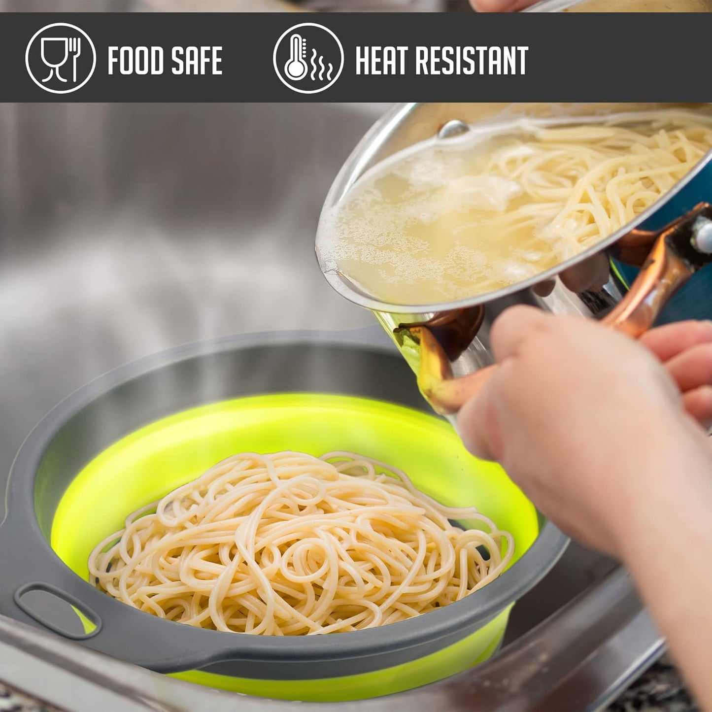 Colanders & Food Strainers with Bowl [Collapsible 3 piece Set Green] Kitchen Essentials for Draining Pasta, Washing Fruits and Vegetables, 7.9'' x 3.3'', 9.4'' x 3.5'', 11.4'' x 3.5'' (A101)