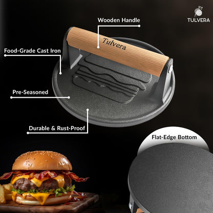 Smash Burger Press, Cast Iron Hamburger Smasher Tool for Steak, Bacon, Meat
