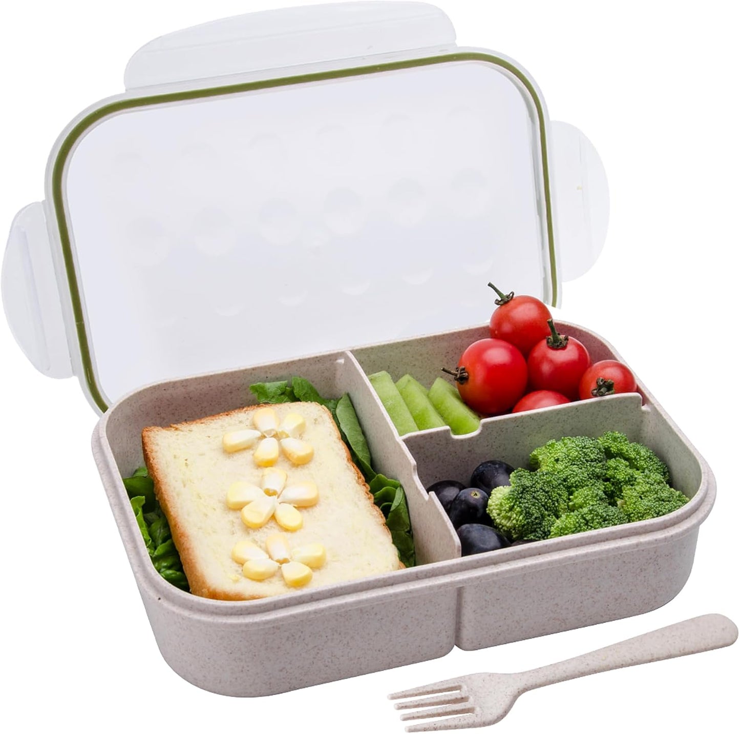 Itopor Classic Wheat Straw Bento Box, Leak-Proof 3-Compartment Lunch Box for Adults & Older Kids, BPA-Free Meal Prep Food Container with Fork, Microwave & Dishwasher Safe, 5.5 Cup, Sage Green