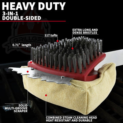 GRILLGEN Grill Brush and Scraper -Heavy Duty Double-Sided with Steam Cleaner Head for Porcelain，Cast Iron, Stainless Steel Grates, Outdoor BBQ Grill Cleaner Accessories