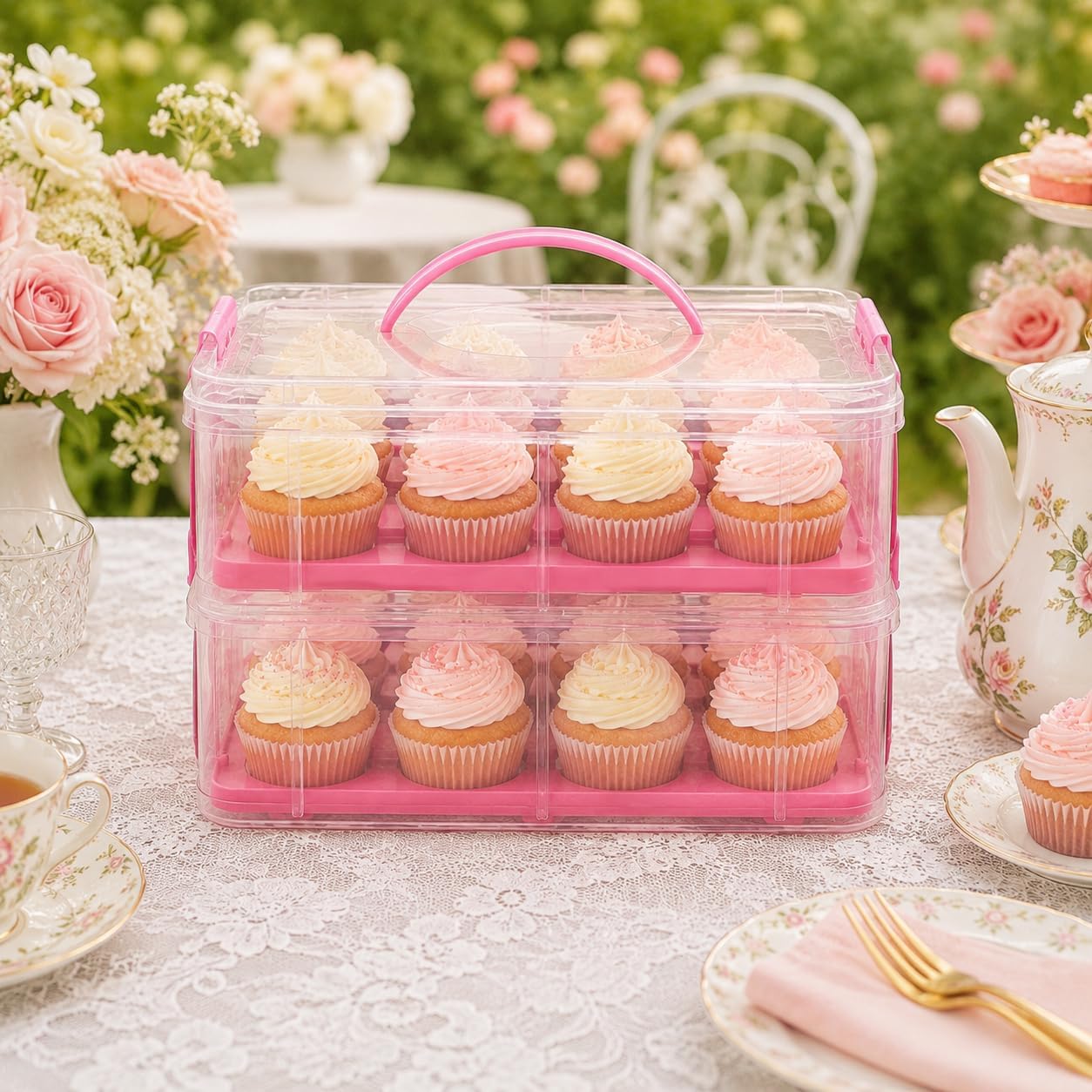 Cupcake Carrier Stackable Storage Container Collapsible Cake Carrier with Lid and Handle, with 50 PCS Cupcake liners,Reusable Plastic Dessert Travel Container,Transport Box (24 Cupcakes White)