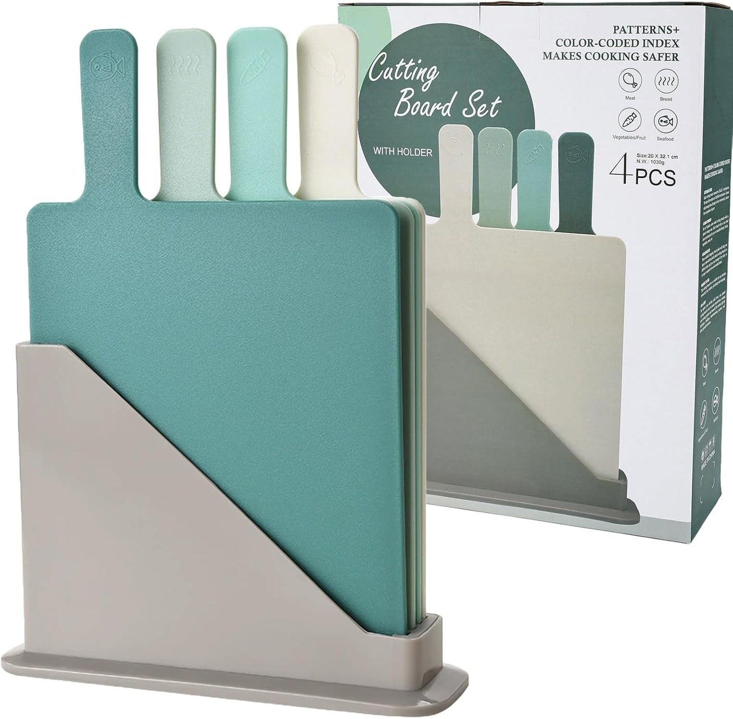 Plastic Cutting Boards for Kitchen, 4-Pieces Cutting Board With Food Icons And Storage Stand, Easy Grip Handle, Professional Chopping Board Set for Meat, Veggies, Fruits（12.9"X 9.4" X 3.1")