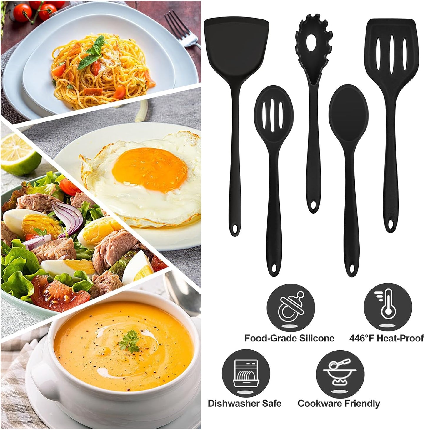 TeamFar Silicone Cooking Utensils Set, 5-Piece Heat Resistant Kitchen Utensils Set, Nonstick Slotted Solid Spoon Turner Pasta Server for Frying, Serving, Mixing, Non-Toxic & Dishwasher Safe, Black
