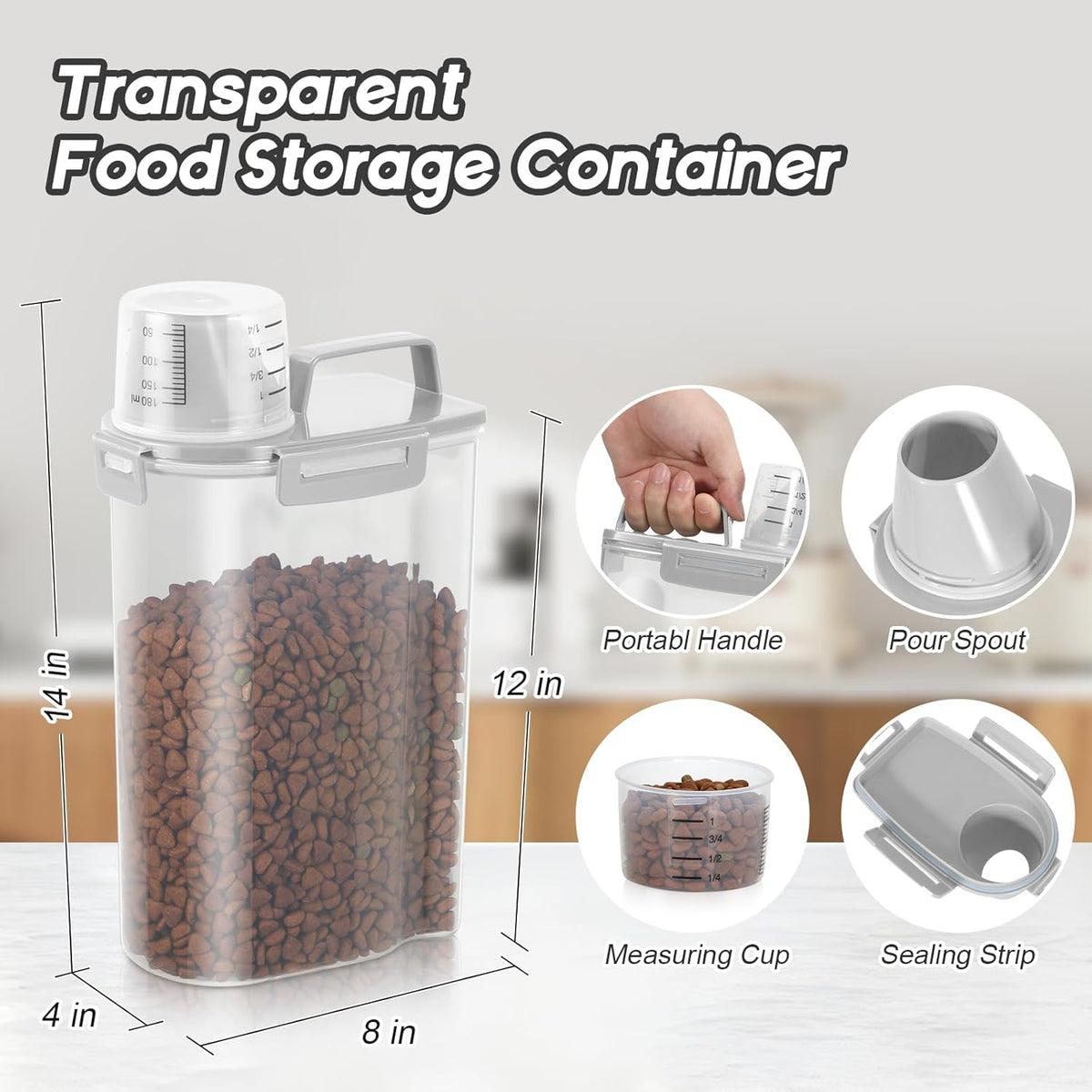 LEAWALK 5Lbs Airtight Cat Dog Food Storage Container with Upgraded Large Nozzle BPA-Free, Pet Food Storage Containers for Rice, Grain, Pet Food, Flour, Dog Treat Storage (Dark Gray, 5L-1pack)