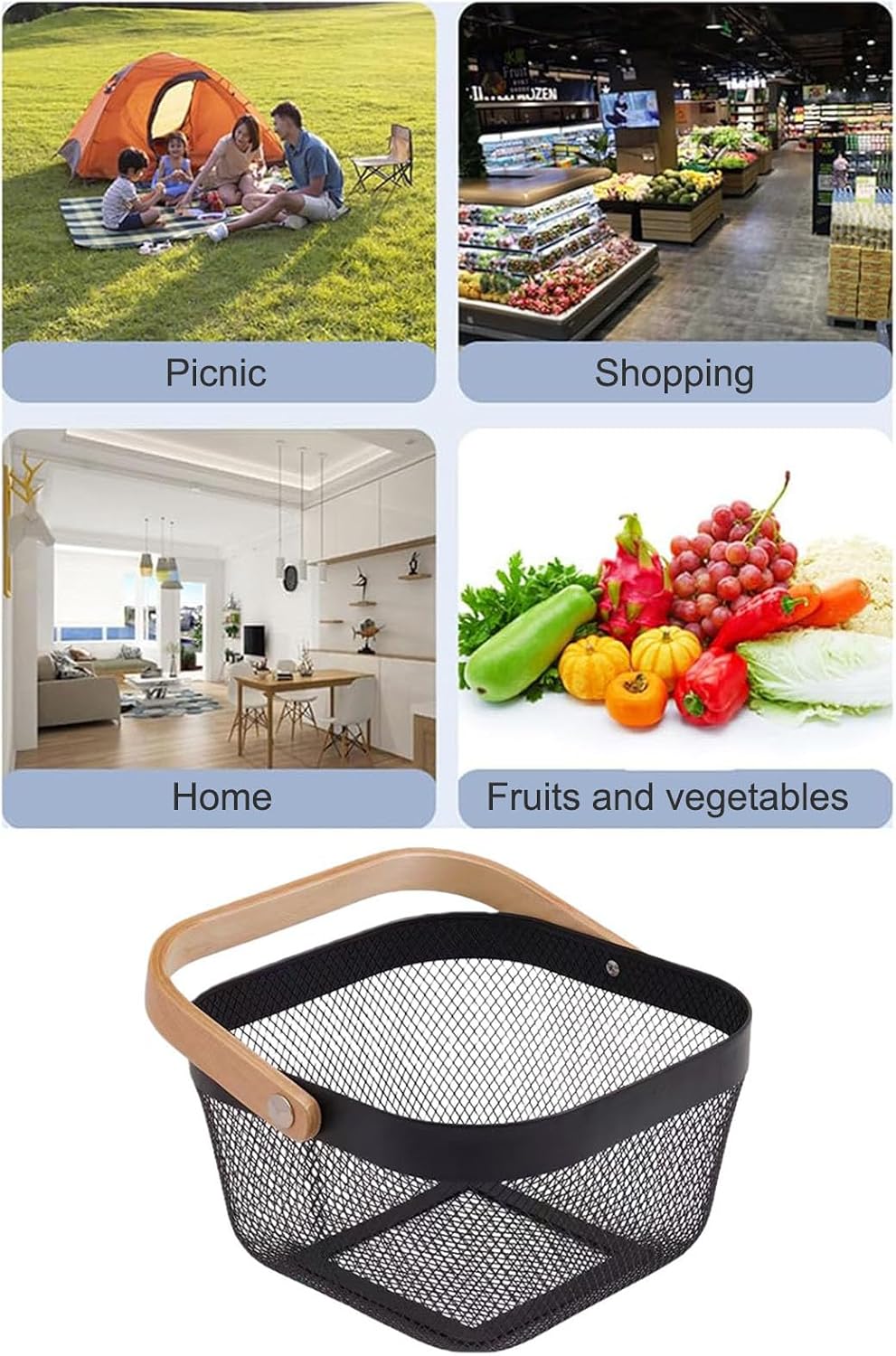 AJIODA Metal Mesh Wire Basket, Large Steel Basket with Wooden Handle Storage Organizer Basket Multi-functional Hanging Kitchen Baskets Fruit Baskets for Kitchen Bathroom Cabinet Pantry Snacks, Black