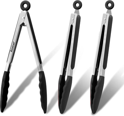 Anaeat Premium Kitchen Locking Tong Set of 3 - Heavy Duty Stainless Steel Food Tongs with Long Handle & Non-Slip Silicone Grip for Cooking, Baking, Grilling - Heat Resistant up to 480°F
