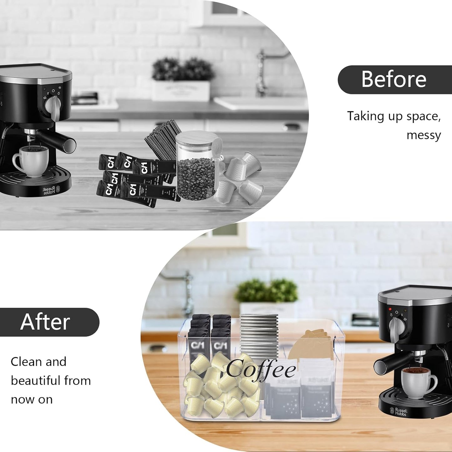 Coffee Bar Station Organizer,Clear Plastic Coffee Bar Accessories Bin with Removable 5-Compartment for Pods Condiment Syrup Tea Cups Stirrers,Coffees Pod Holder for Counter,Kitchen,Office