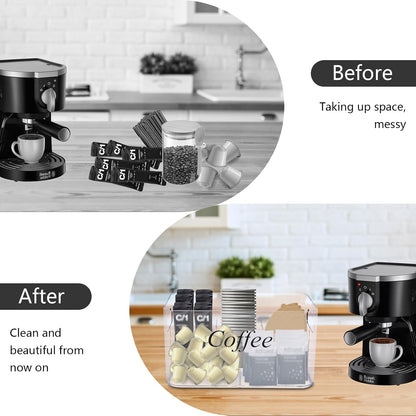 Coffee Bar Station Organizer,Clear Plastic Coffee Bar Accessories Bin with Removable 5-Compartment for Pods Condiment Syrup Tea Cups Stirrers,Coffees Pod Holder for Counter,Kitchen,Office