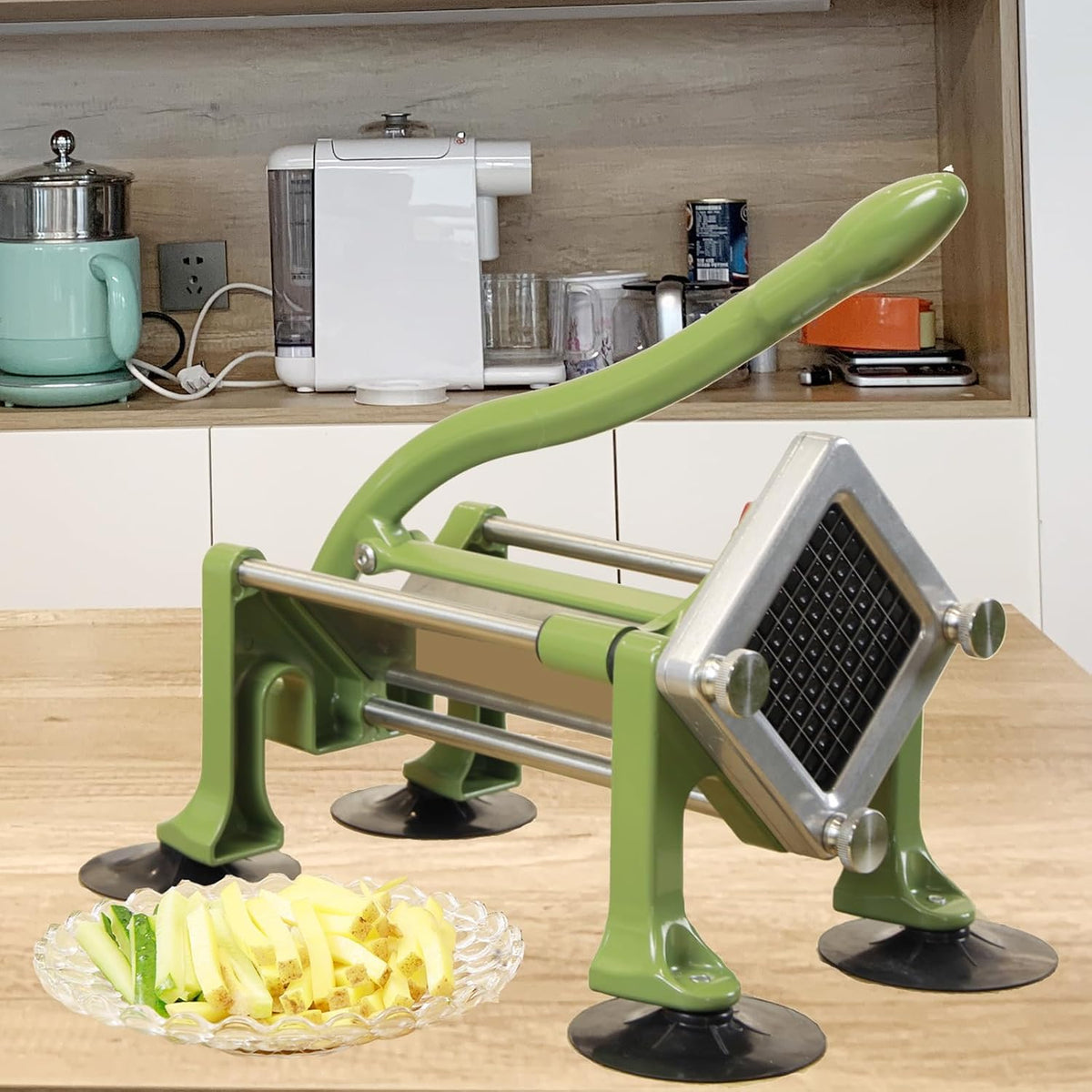 Commercial French Fry Cutter, Heavy Duty Potato Slicer with 3/8 and 1/4Inch Blade, Stainless Steel Potato ChopperFrench Fries Cutter with Suction Feet